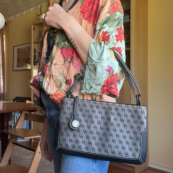 Dooney & Bourke Navy Blue Leather Canvas DB Shoulder Bag - Picture 1 of 7